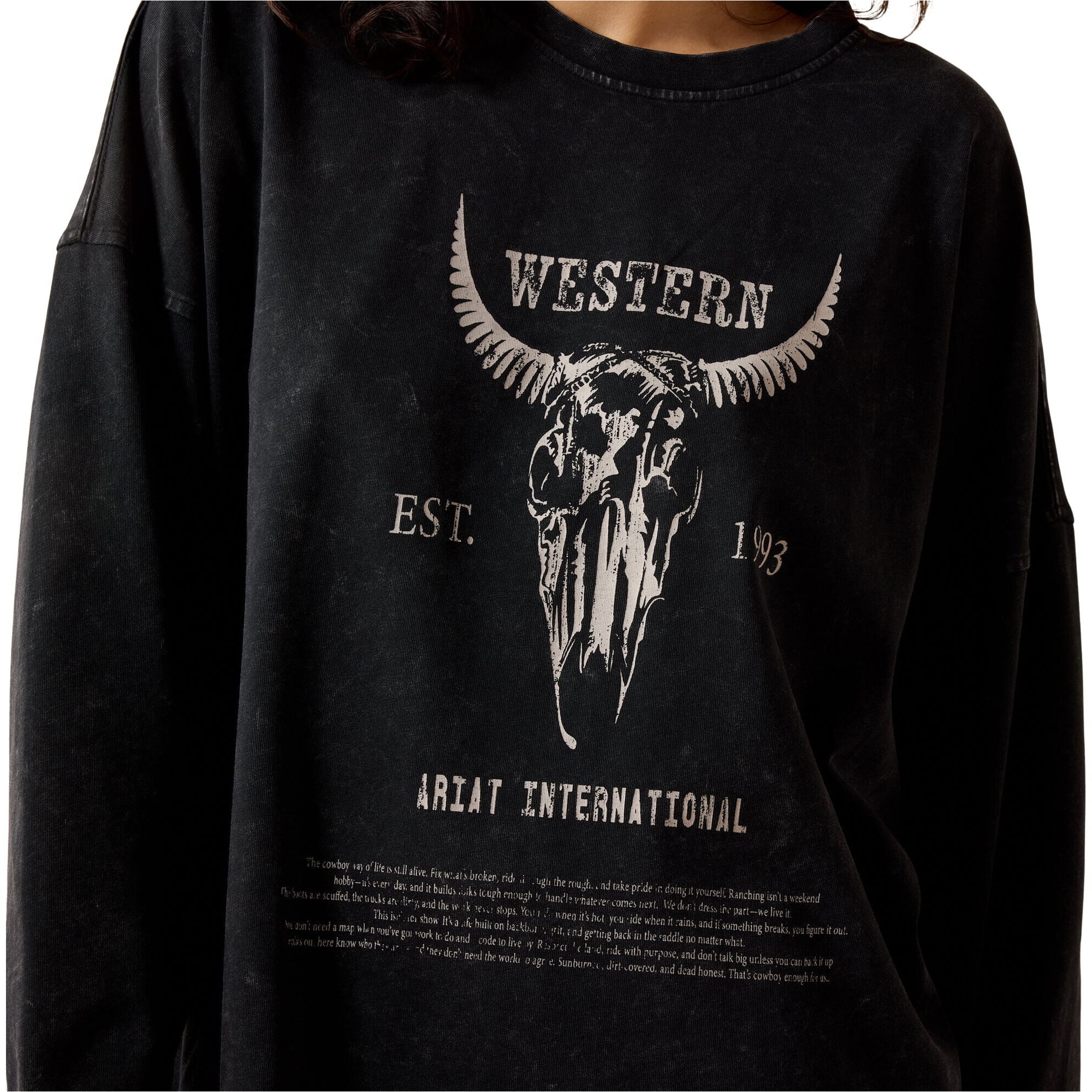 2026 Ariat Womens Canvas Oversized Long Sleeve T-Shirt 10079483 - Black Acid Wash